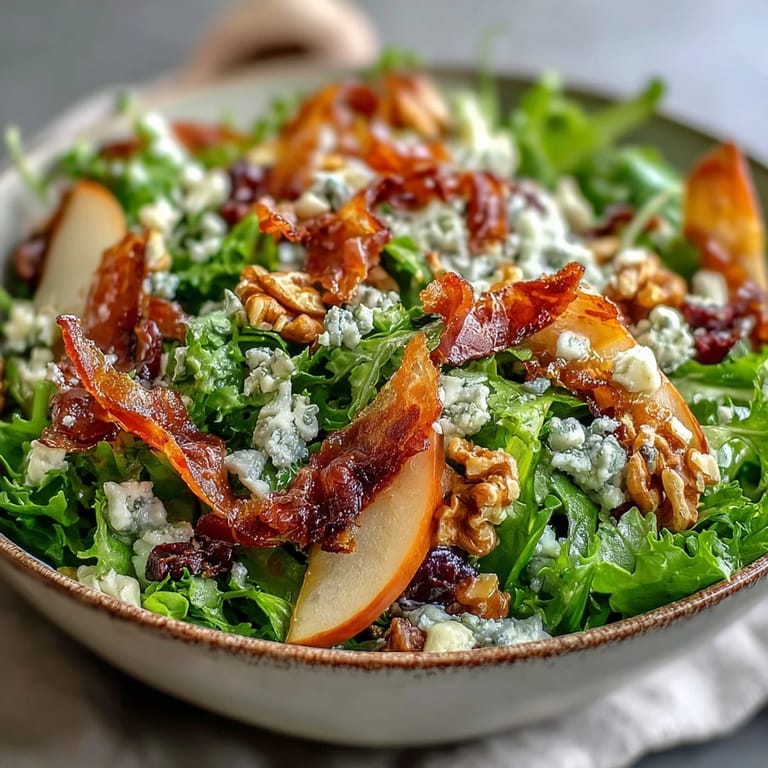 Crispy prosciutto crowns elegant Frisée, Pear, Blue Cheese Salad with sweet, savory contrasts.