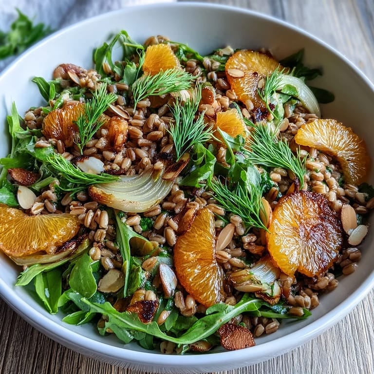Enjoy a refreshing farro salad with fennel, orange, and crunchy toasted almonds.