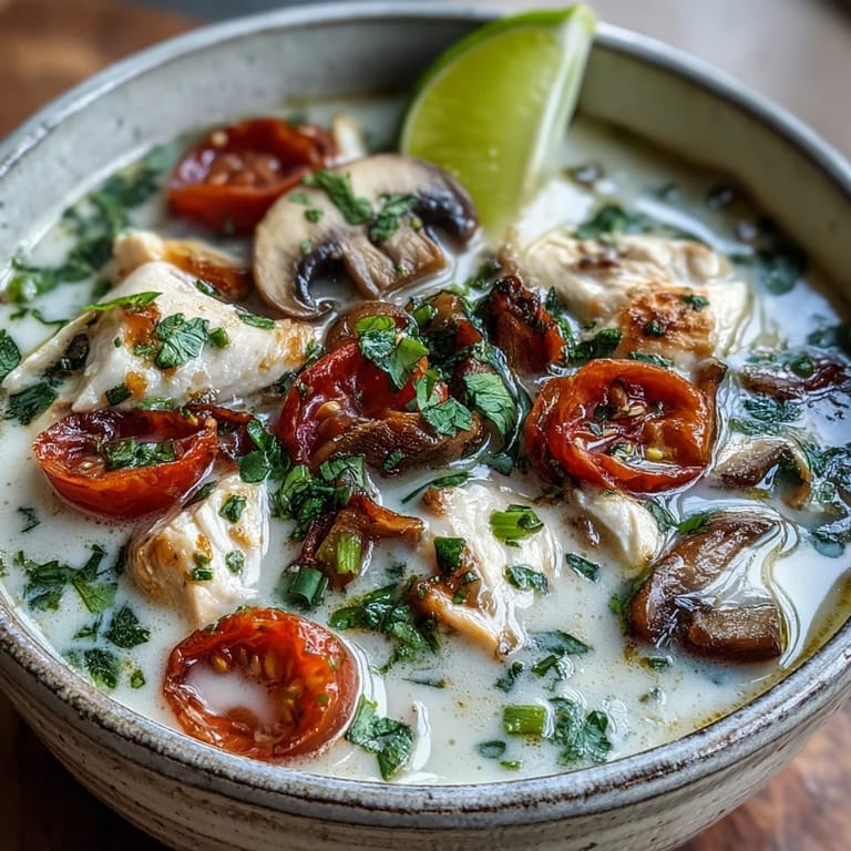 Fresh Best Ever Tom Kha Gai Soup featuring tender chicken, mushrooms, and aromatic Thai herbs.