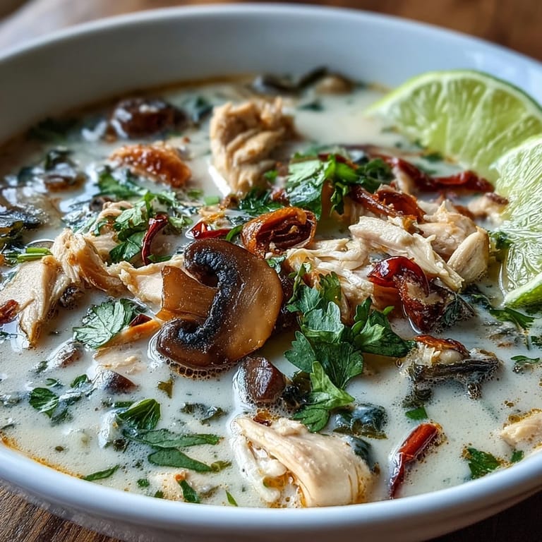 A close-up of Authentic Tom Kha Gai featuring sliced mushrooms and chili peppers floating in a fragrant, golden broth.