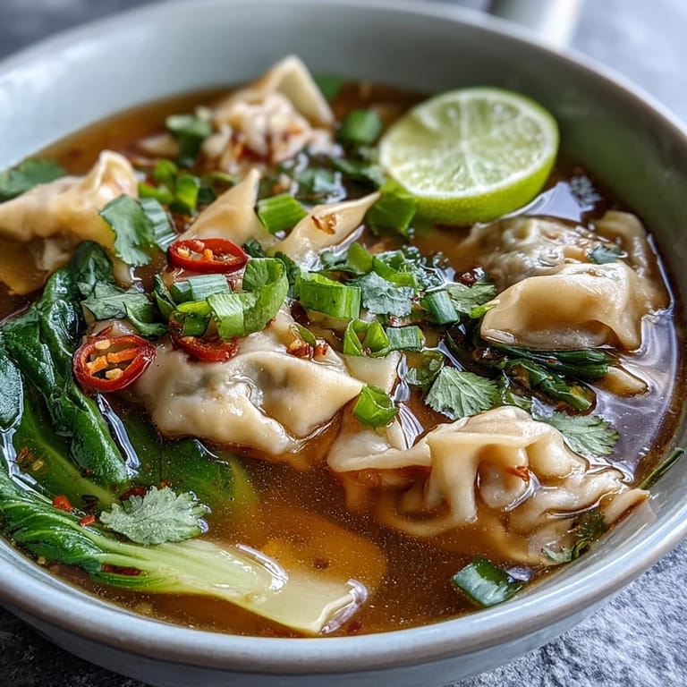Fragrant lemongrass and kaffir lime leaves infuse the spicy, tangy Tom Yum Wonton Soup broth with bright citrus notes.