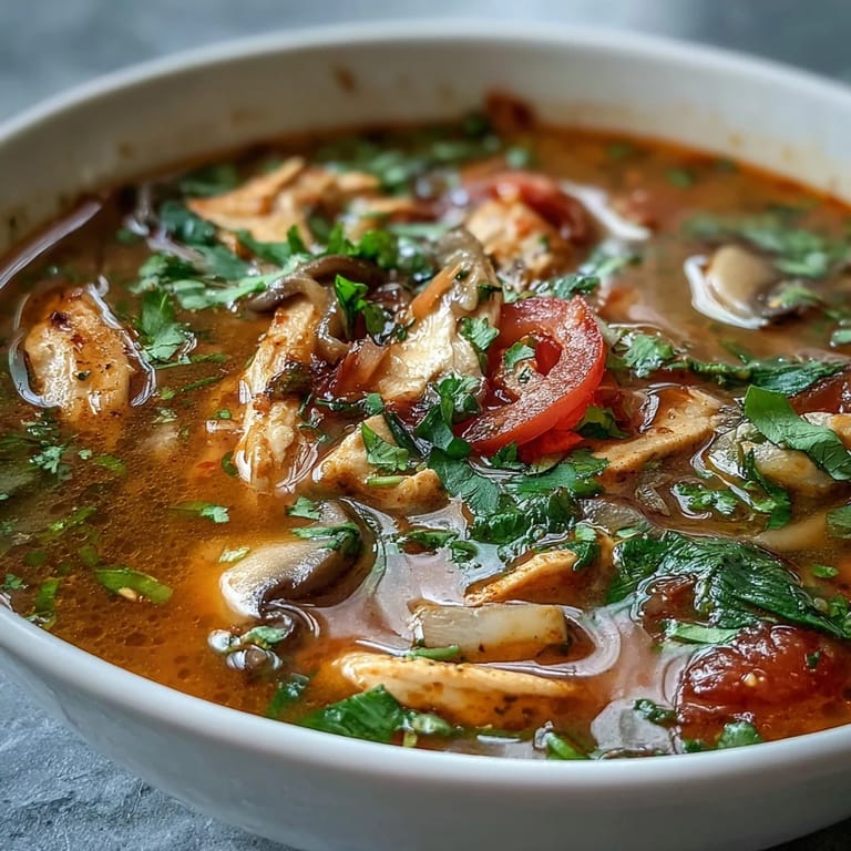 Overhead view of Tom Yum Gai featuring sliced chicken, oyster mushrooms, and aromatic Thai herbs in a flavorful broth.