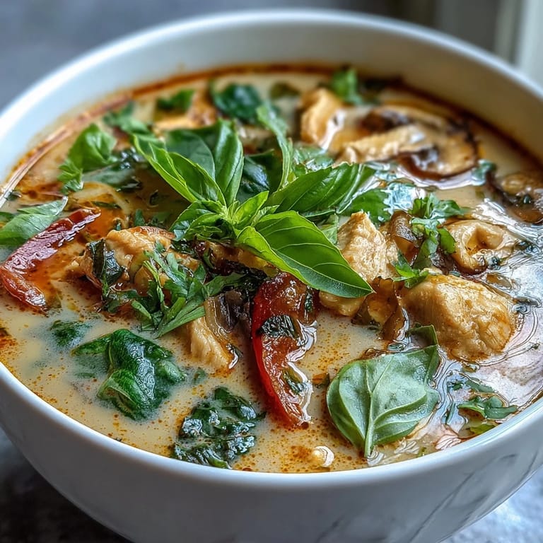 Red curry paste, ginger, and tender chicken thighs flavor this aromatic Thai Coconut Curry Soup garnished with cilantro.