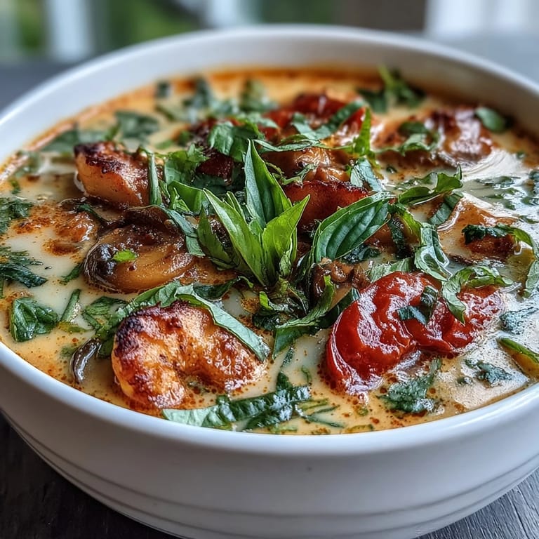 A steaming bowl of Thai Chicken Coconut Curry Soup with snow peas, mushrooms, and lime wedges for squeezing.