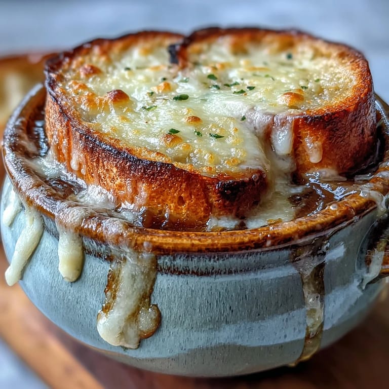 Caramelized onions simmer in rich broth, crowned with toasted bread and stringy Gruyère cheese.