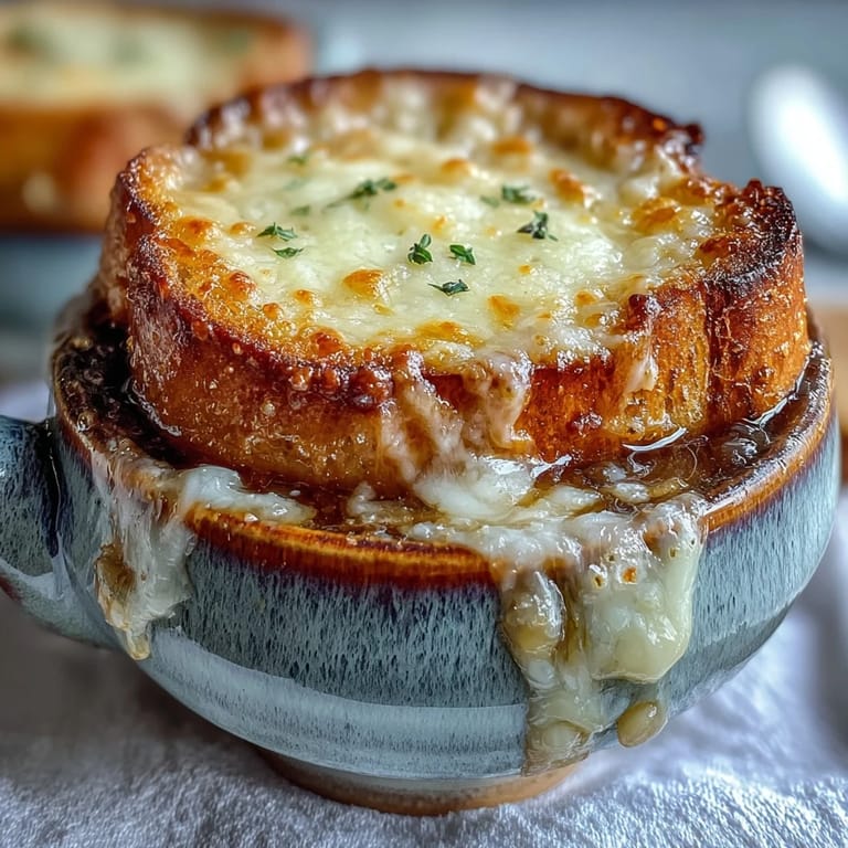 French Onion Soup served hot in a crock, topped with golden, bubbly cheese and herbs.