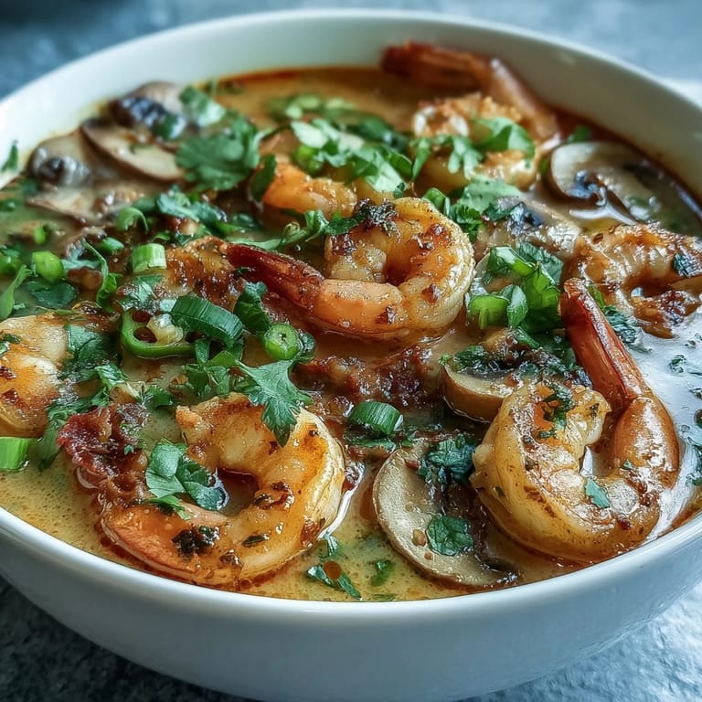 Steaming Thai Coconut Shrimp Soup features plump pink shrimp, sliced mushrooms, and fresh lime wedges, ready to serve over fluffy jasmine rice.