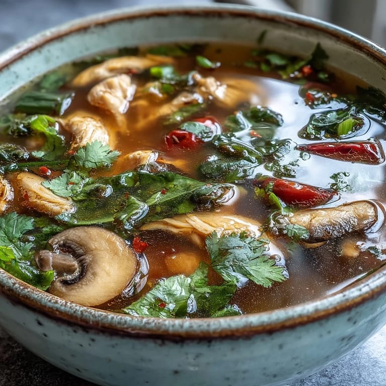 Close-up of Tom Yum Chicken ingredients laid out on a wooden board, including raw chicken, fresh galangal slices, smashed lemongrass stalks, and vibrant red bird’s eye chilies.