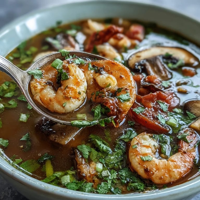 Spicy and sour Tom Yum Soup with vibrant red broth, sliced Thai chiles, and herbs in a rustic bowl.