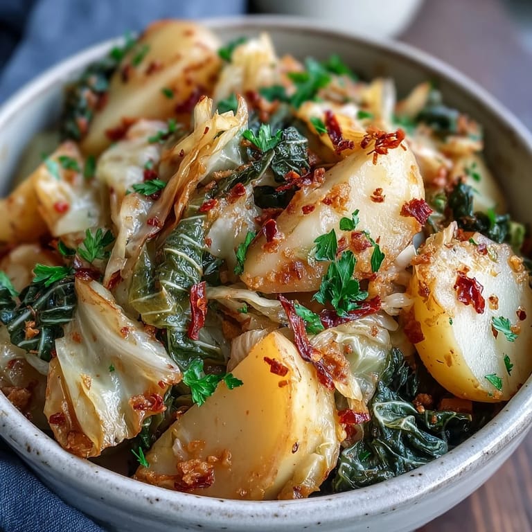 A close up view of Braised Cabbage With Potatoes and Chili showing tender cabbage and golden potatoes in a savory broth.