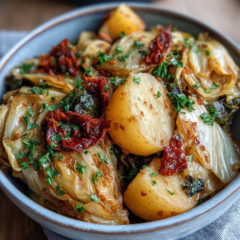 A skillet of Braised Cabbage With Potatoes and Chili steaming on a table, ready to be served as a comforting meal.
