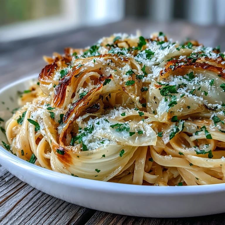 A steaming skillet of Cabbage Pasta With Garlic and Parmesan, garnished with lemon zest and red pepper flakes, ready to serve.