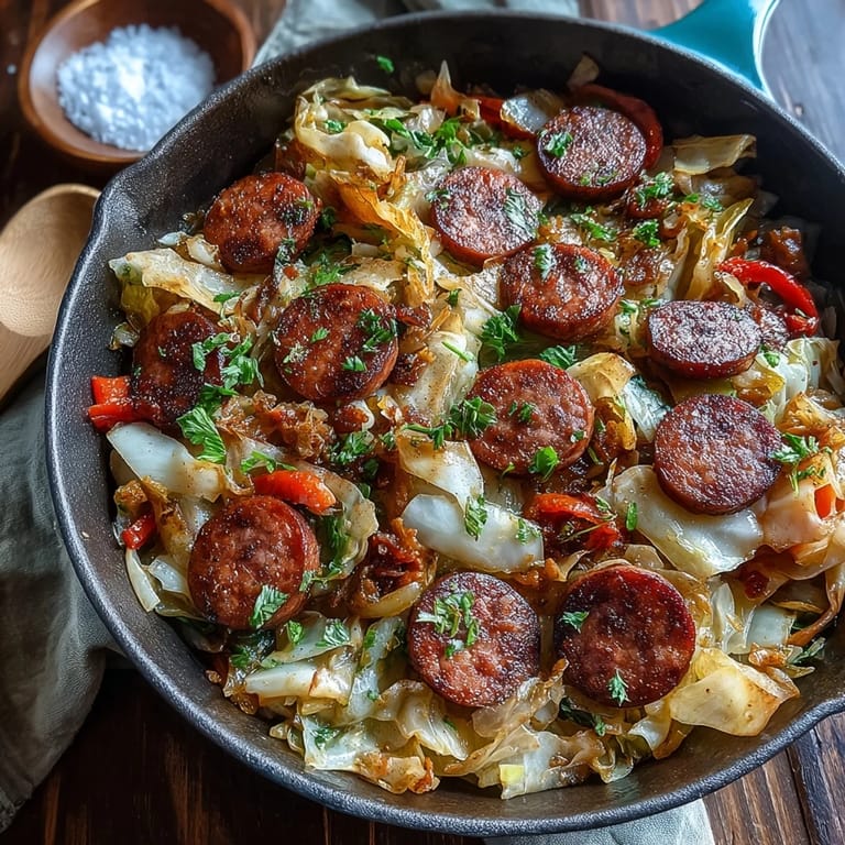 In a cast-iron skillet, Smothered Cabbage With Sausage simmers with onions and peppers, ready to be served with cornbread.