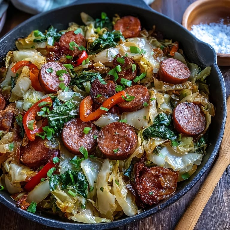 Garnished with fresh herbs, Smothered Cabbage With Sausage Skillet offers a hearty, low-carb Southern-inspired dinner for four.