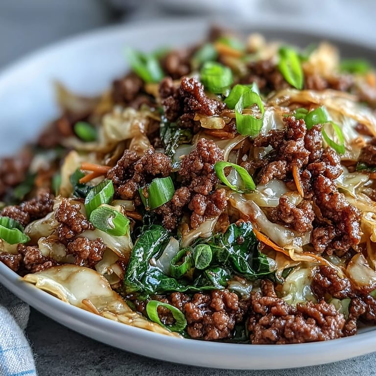 A close-up of Chinese Ground Beef and Cabbage Stir-Fry plated in a white bowl, garnished with fresh green onions and sesame seeds.