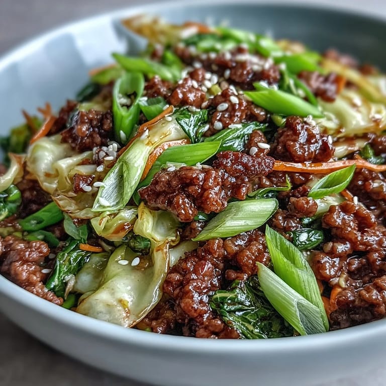 Serving suggestion for Chinese Ground Beef and Cabbage Stir-Fry alongside steamed cauliflower rice for a low-carb dinner.