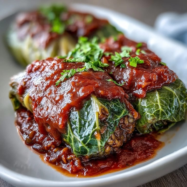Freshly baked Baked Vegan Cabbage Rolls garnished with parsley, nestled beside crusty artisan bread on a rustic table. 