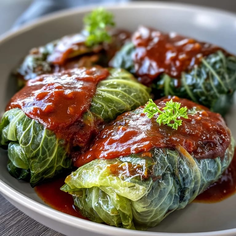 Hearty Baked Vegan Cabbage Rolls with lentil and rice filling, cut open to reveal the savory vegetable interior.