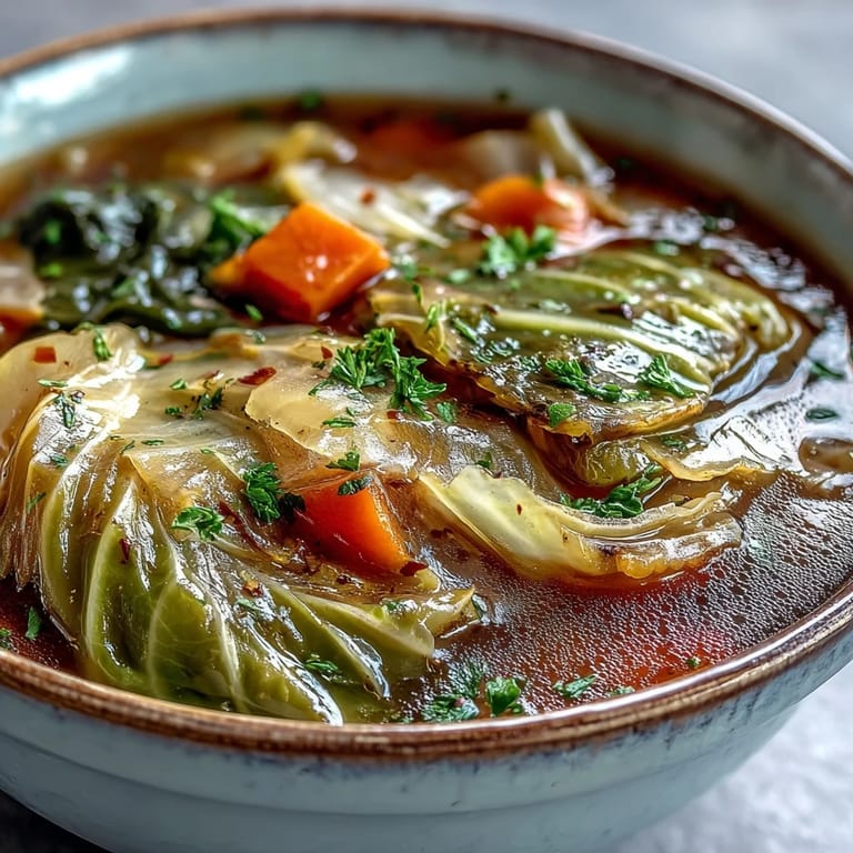 A white bowl holds Classic Cabbage Soup, showing chunks of tomato, onion, and celery in a rich red broth.