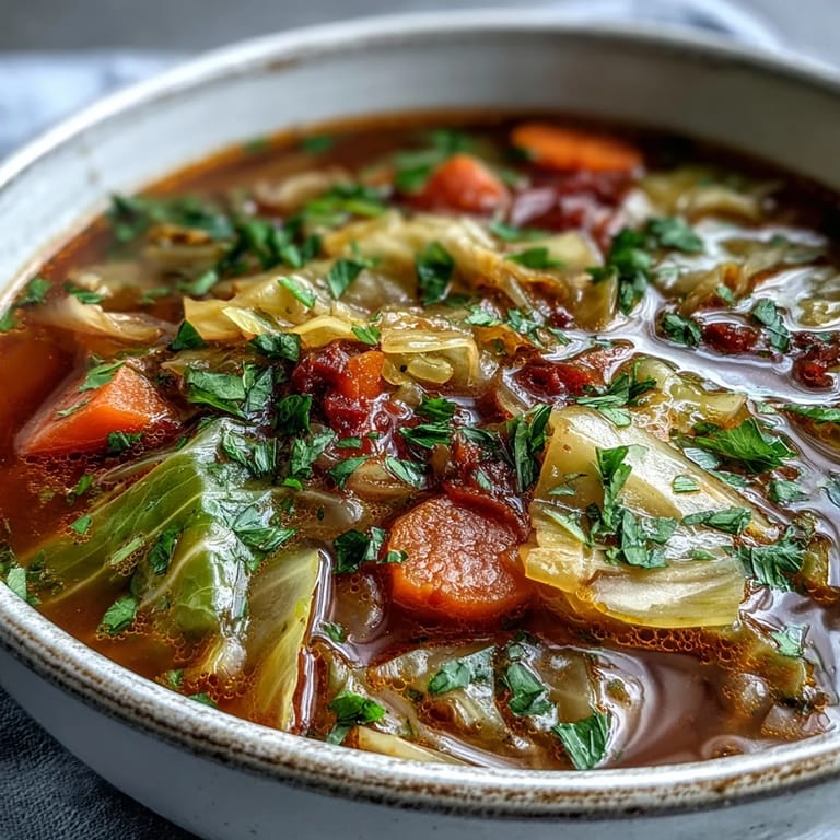 A ladle lifts tender cabbage and carrots from a pot of Classic Cabbage Soup, garnished with fresh parsley.