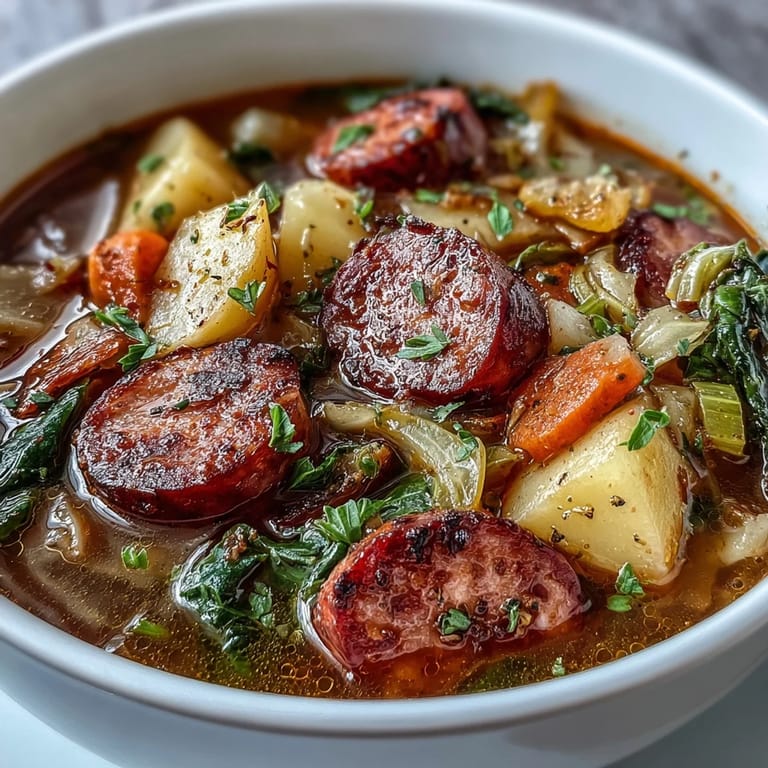 Savory Sausage, Potato and Cabbage Soup in a rustic pot, featuring tender vegetables and smoked paprika broth.