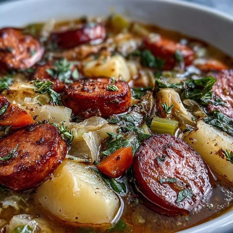 Comforting Sausage, Potato and Cabbage Soup ladle ready to serve, garnished with fresh parsley and sour cream.