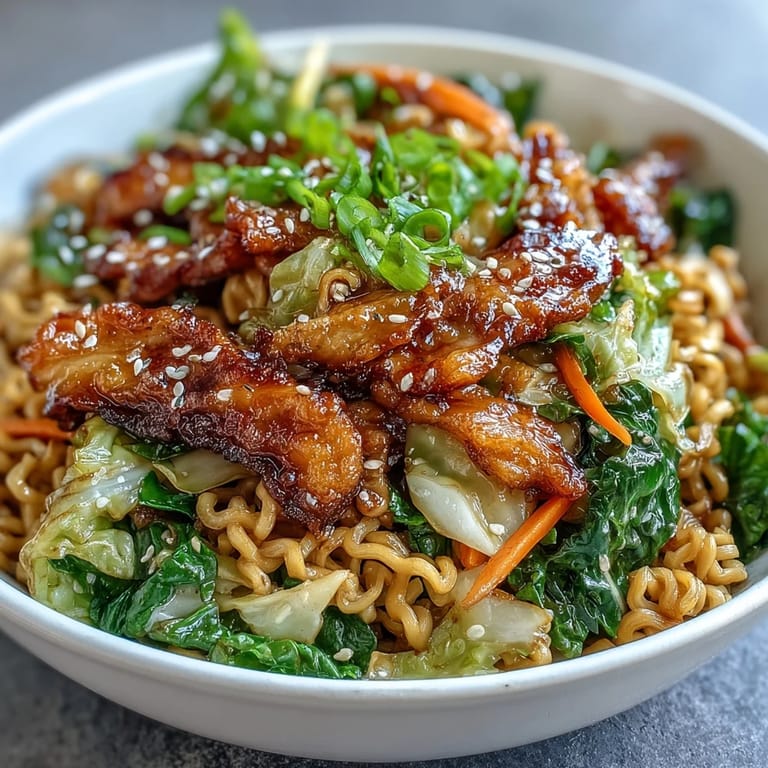 Golden-edged cabbage and carrots mixed with chewy ramen noodles, perfect for a quick weeknight vegetarian dinner.