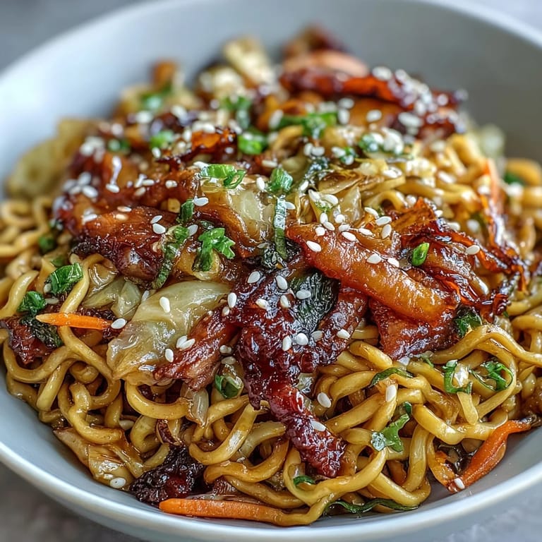 Steam rises from a savory skillet of fried cabbage ramen, garnished with fresh scallions and sesame seeds.