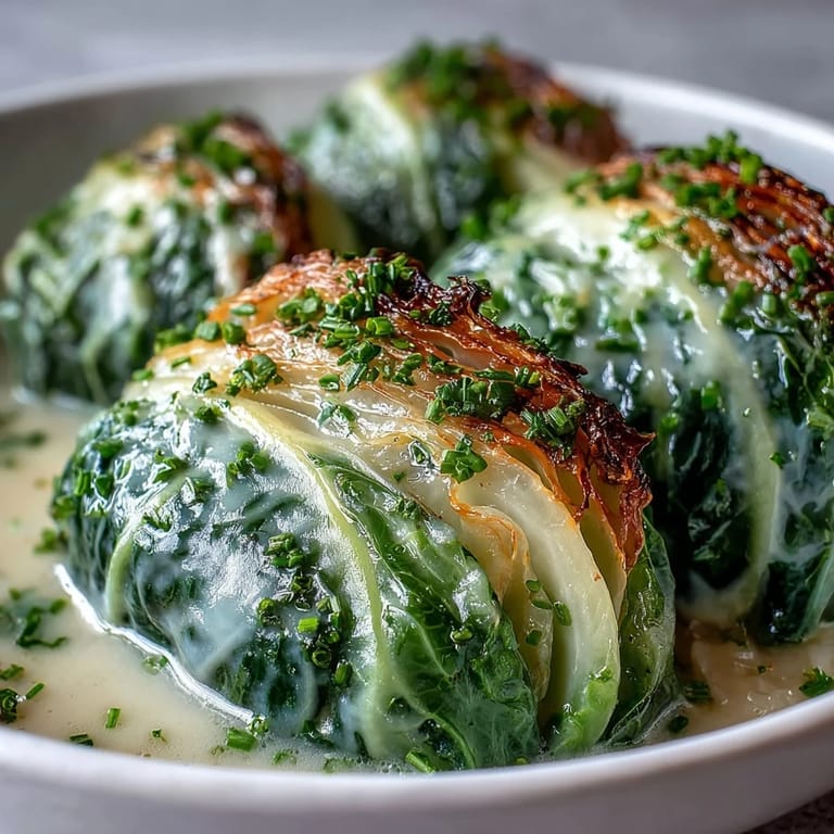 A ladle pours savory Herby Cabbage in Parmesan Broth over wedges in a rustic white bowl.