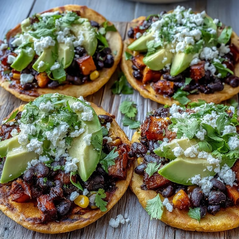 Golden, caramelized sweet potato cubes and creamy avocado slices on a crisp tostada with crumbled feta.