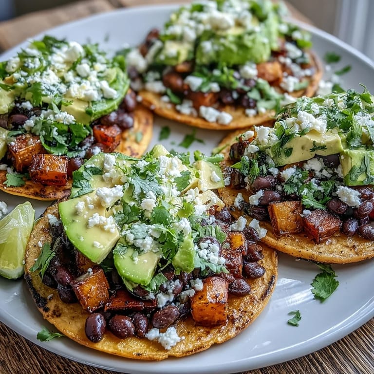 Ready-to-eat Mexican-inspired tostadas topped with smoky sweet potatoes, zesty black beans, and fresh cilantro.