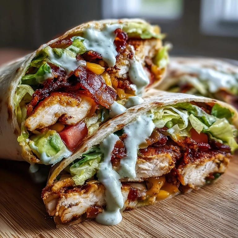 Handheld flour tortilla wrap packed with juicy chicken, crunchy bacon, and shredded cheddar, ready for a satisfying lunch.