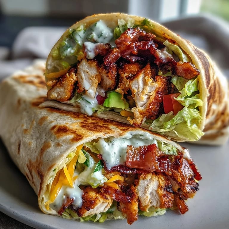 Crispy Chicken Bacon Wrap served warm, cut in half to reveal the creamy sauce and fresh diced tomato inside.