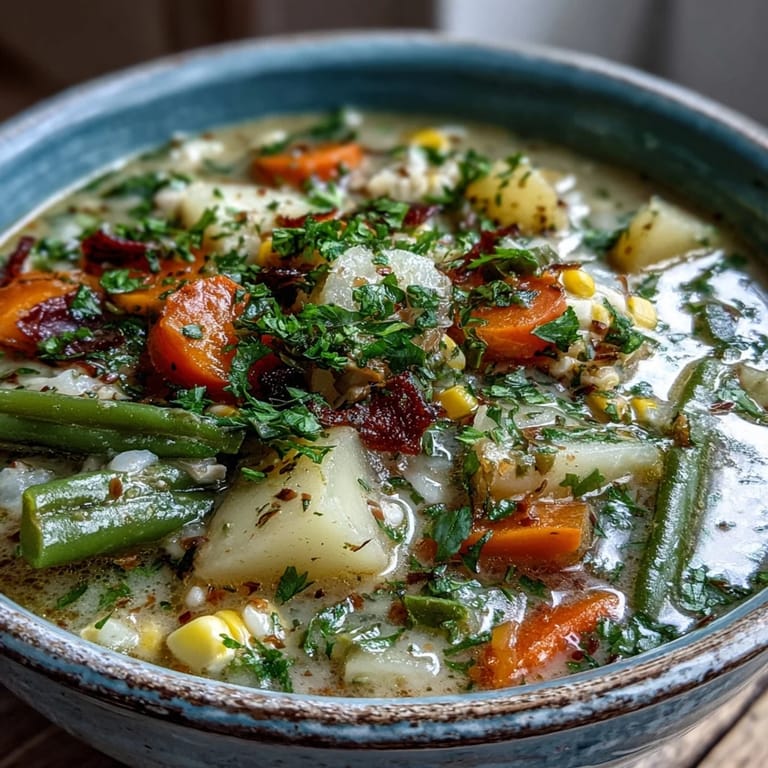 Steaming bowl of Amish Snow Day Soup, featuring carrots, celery, and green beans in rich broth.