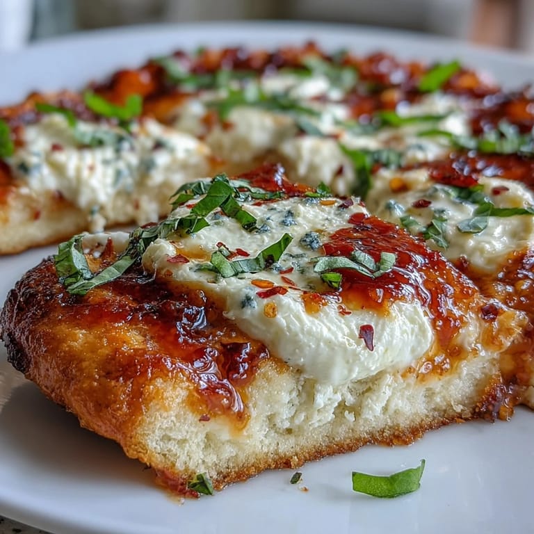 Homemade Hot Honey Ricotta Pizza on a wooden board, featuring thick crust, melted cheese, and a vibrant shower of fresh basil.