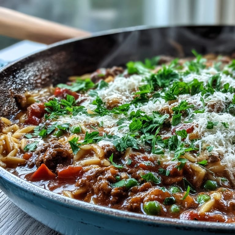 A spoon lifting a serving of Comforting Ground Beef Orzo Dinner from a skillet, showing steam and fresh herbs.