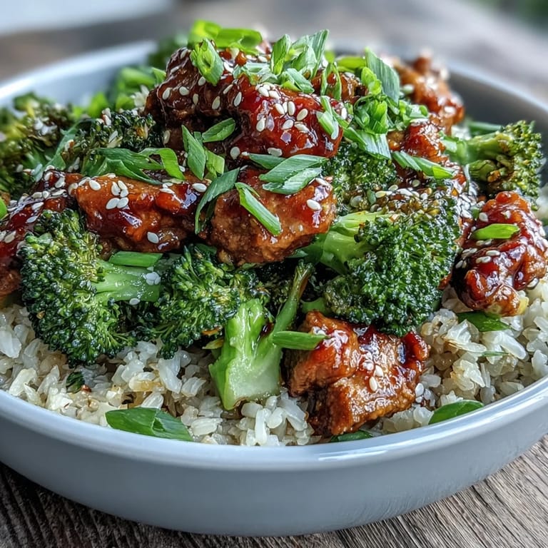 A close-up of Sweet and Spicy Turkey Broccoli Bowls topped with green onions and sesame seeds, perfect for easy weeknight dinners.