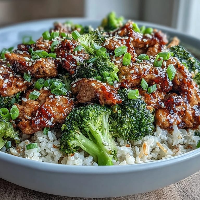 Healthy Sweet and Spicy Turkey Broccoli Bowls featuring saucy ground turkey, crisp steamed broccoli, and nutty rice ready in 30 minutes.