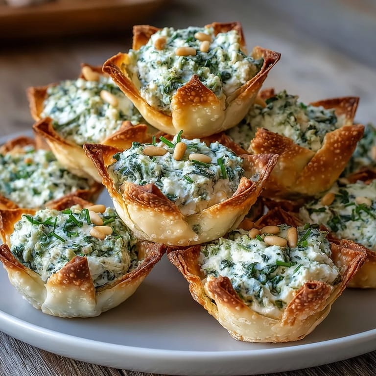 Crispy wonton cups filled with creamy feta, spinach, and lemon zest, served warm on a platter.