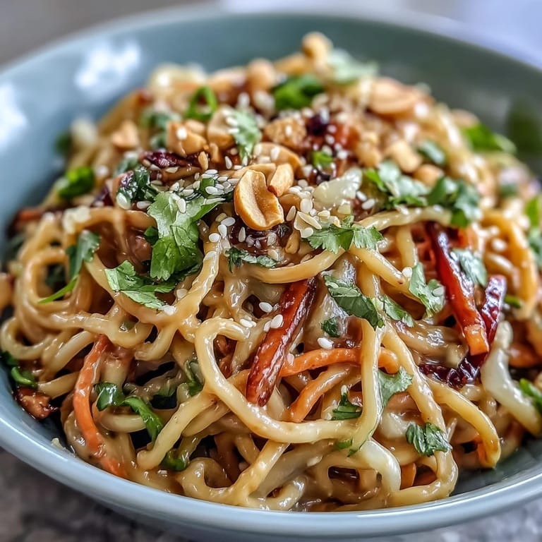 A close-up view of the Asian Peanut Noodle Bowl shows creamy peanut sauce coating silky noodles and fresh cilantro garnish.
