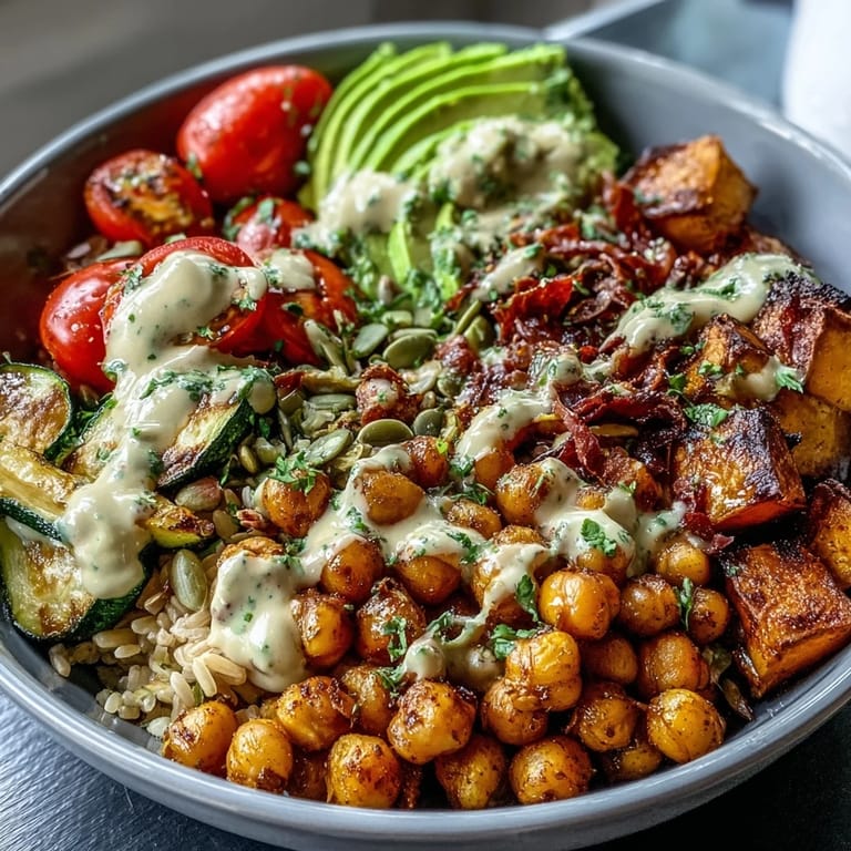 A colorful bowl of Chickpea Power Bowl with roasted sweet potato and bell peppers, topped with pumpkin seeds.