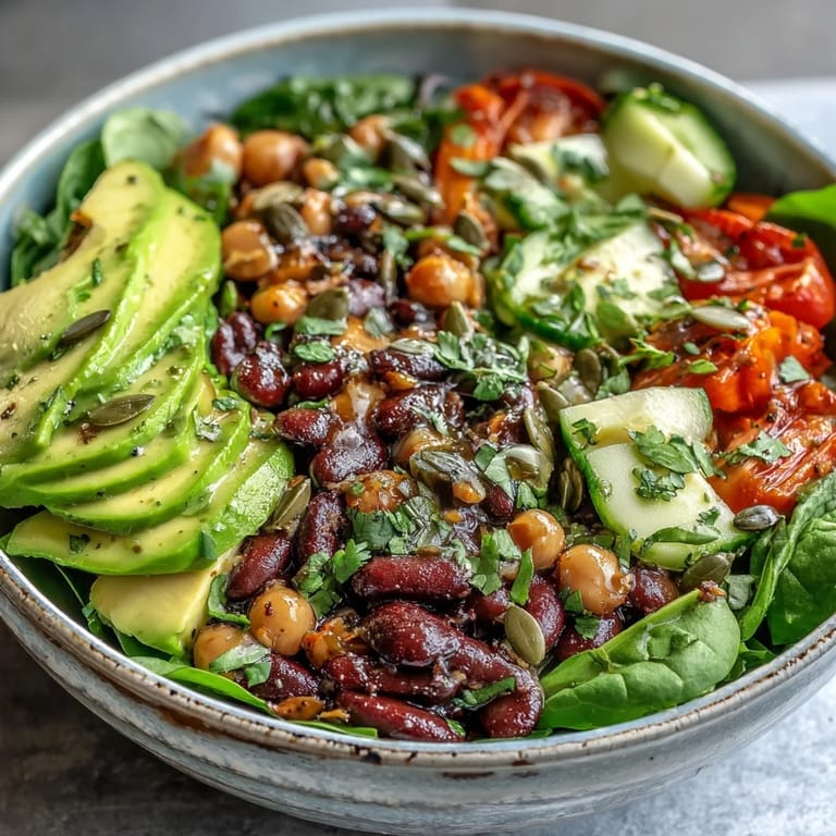 Healthy Three-Bean Power Bowl with black beans, chickpeas, and kidney beans, sprinkled with toasted pumpkin seeds.
