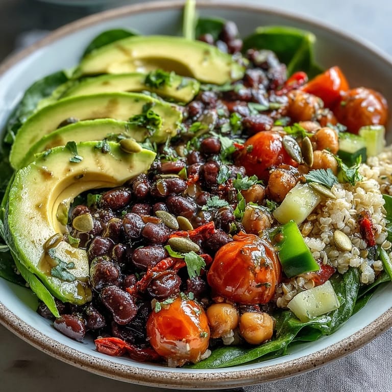 Zesty Three-Bean Power Bowl featuring quinoa, crisp veggies, and a lemony dressing, served in a white bowl.