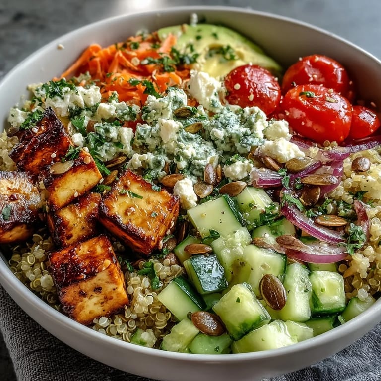 A vibrant, nourishing grain bowl topped with diced cucumber, shredded carrots, fresh herbs, and pumpkin seeds.