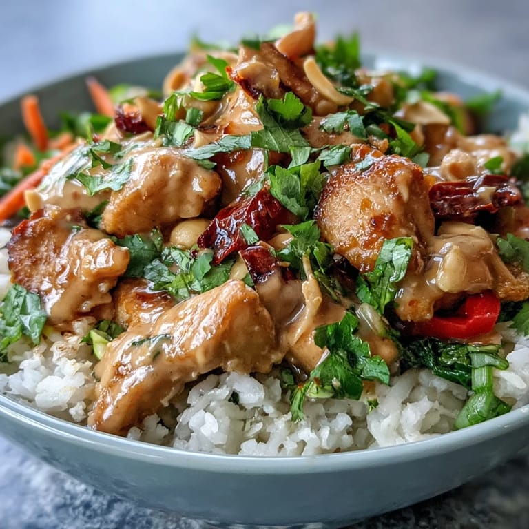 Colorful Thai Peanut Chicken Bowl garnished with cilantro, peanuts, and lime wedges for a zesty finish.