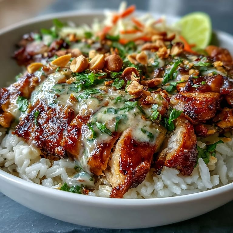 A close-up of a nourishing bowl with tender chicken, edamame, and vibrant vegetables over coconut rice, drizzled with peanut sauce.