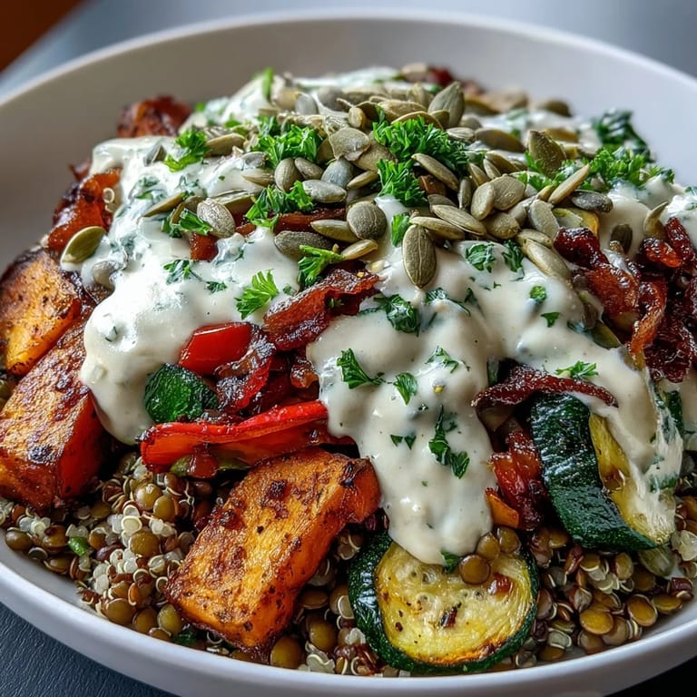 Serving suggestion for Lentil Power Bowl: warm quinoa base, spiced roasted vegetables, and pumpkin seeds with fresh parsley.