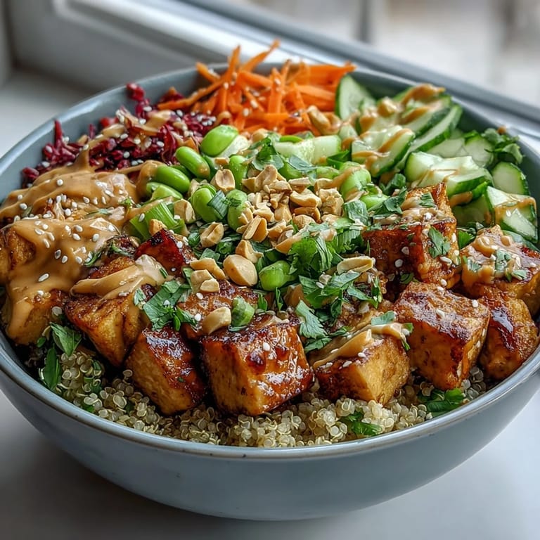 Serving suggestion for Peanut Tofu Power Bowl: quinoa base topped with golden tofu, julienned carrots, and a rich peanut drizzle.