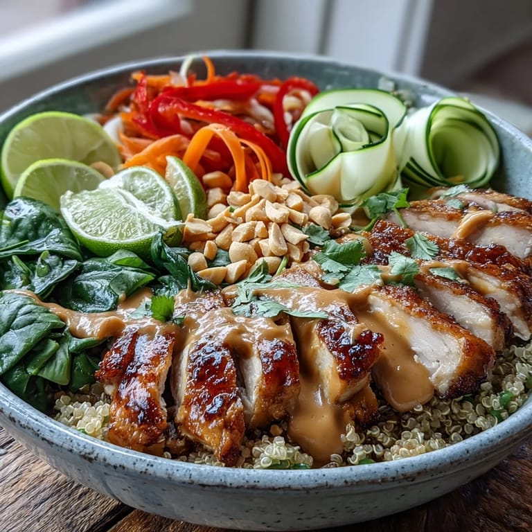Colorful bowls are filled with sliced bell peppers and shredded carrots, showcasing the hearty, protein-rich Peanut Chicken Power Bowl meal.