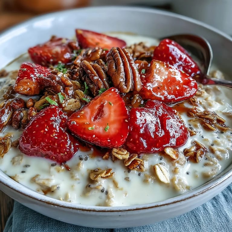 Creamy overnight oats with juicy strawberries, chia seeds, and granola, layered in a jar for an easy, make-ahead breakfast that's both healthy and delicious.